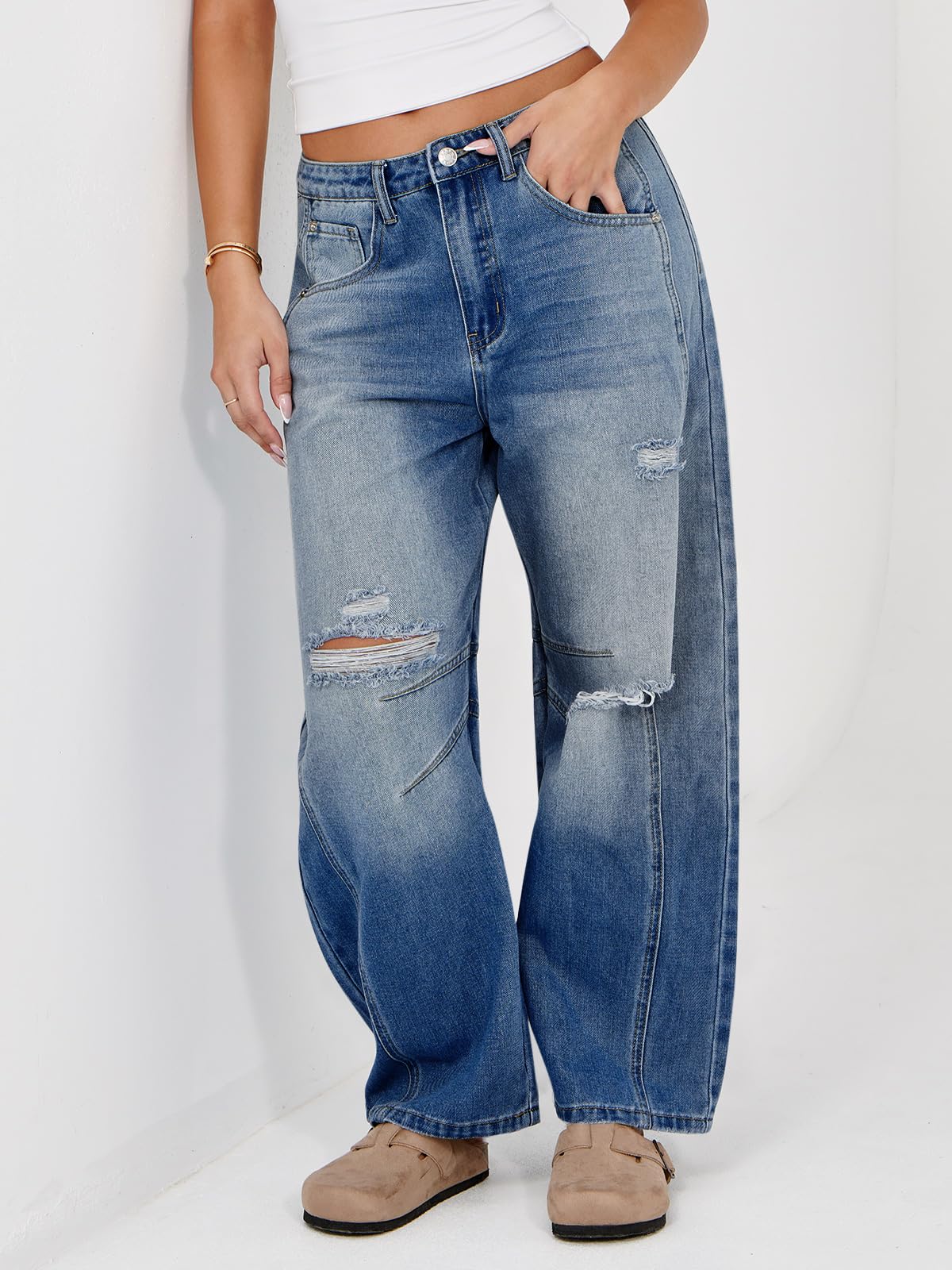 Women's Ripped Barrel Jeans Boyfriend Mid Rise Wide Leg Denim Pants