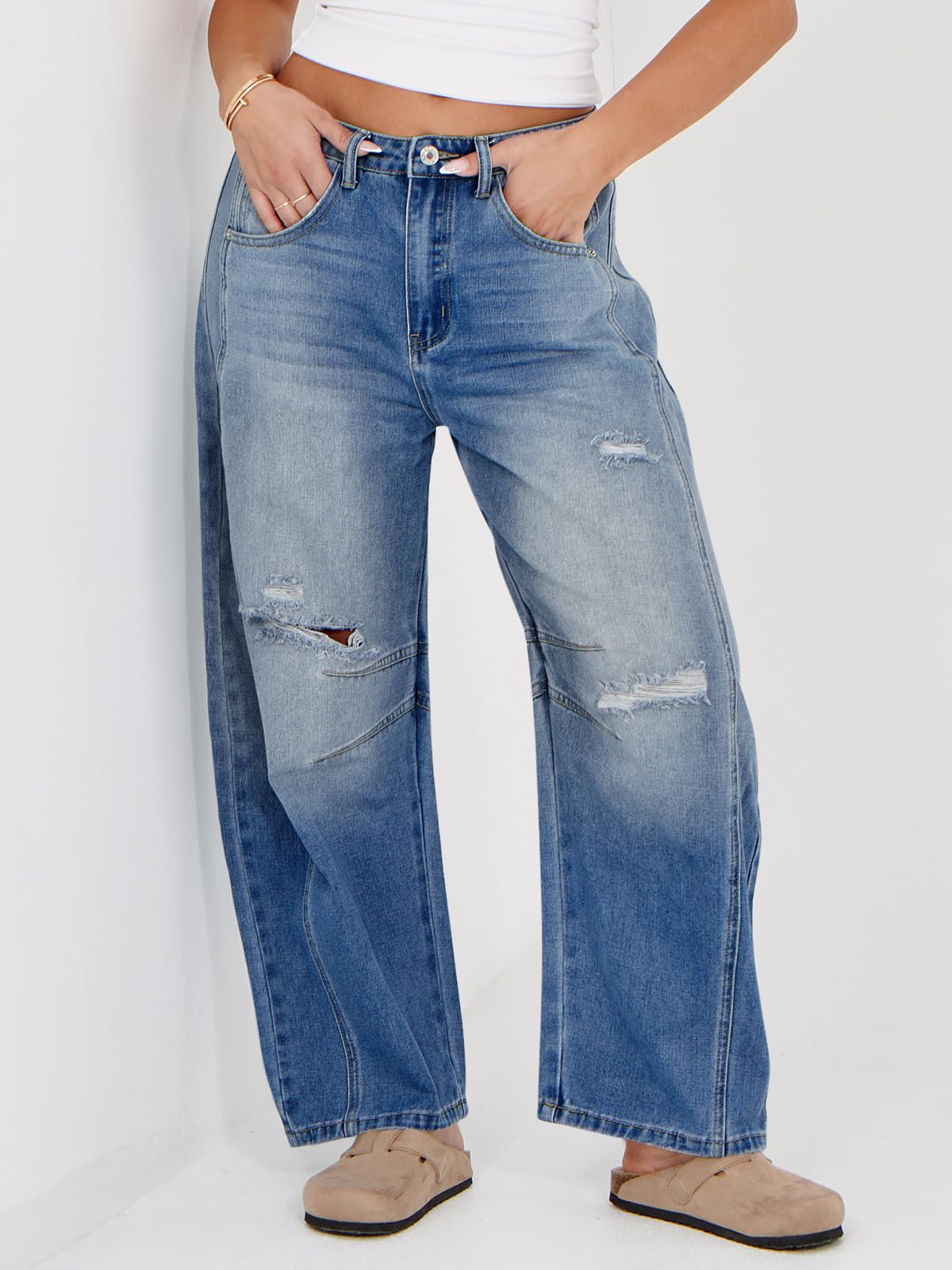 Women's Ripped Barrel Jeans Boyfriend Mid Rise Wide Leg Denim Pants