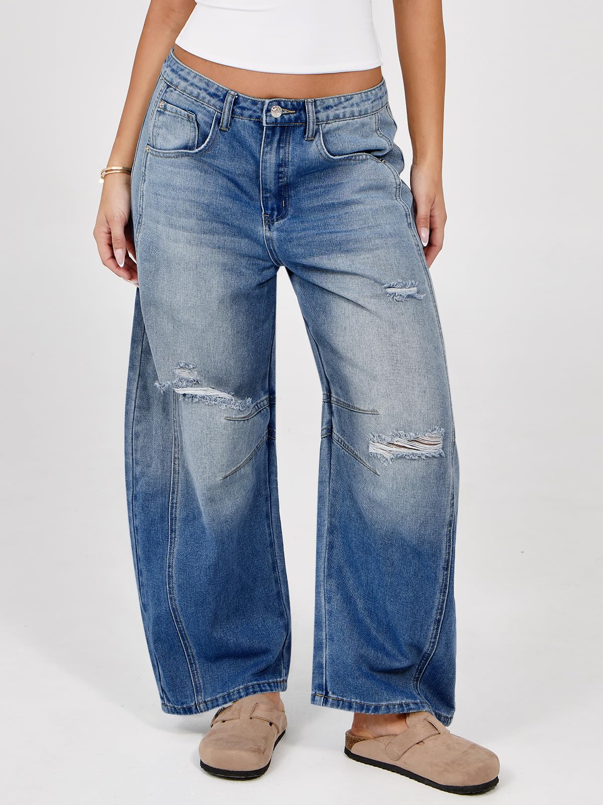 Women's Ripped Barrel Jeans Boyfriend Mid Rise Wide Leg Denim Pants