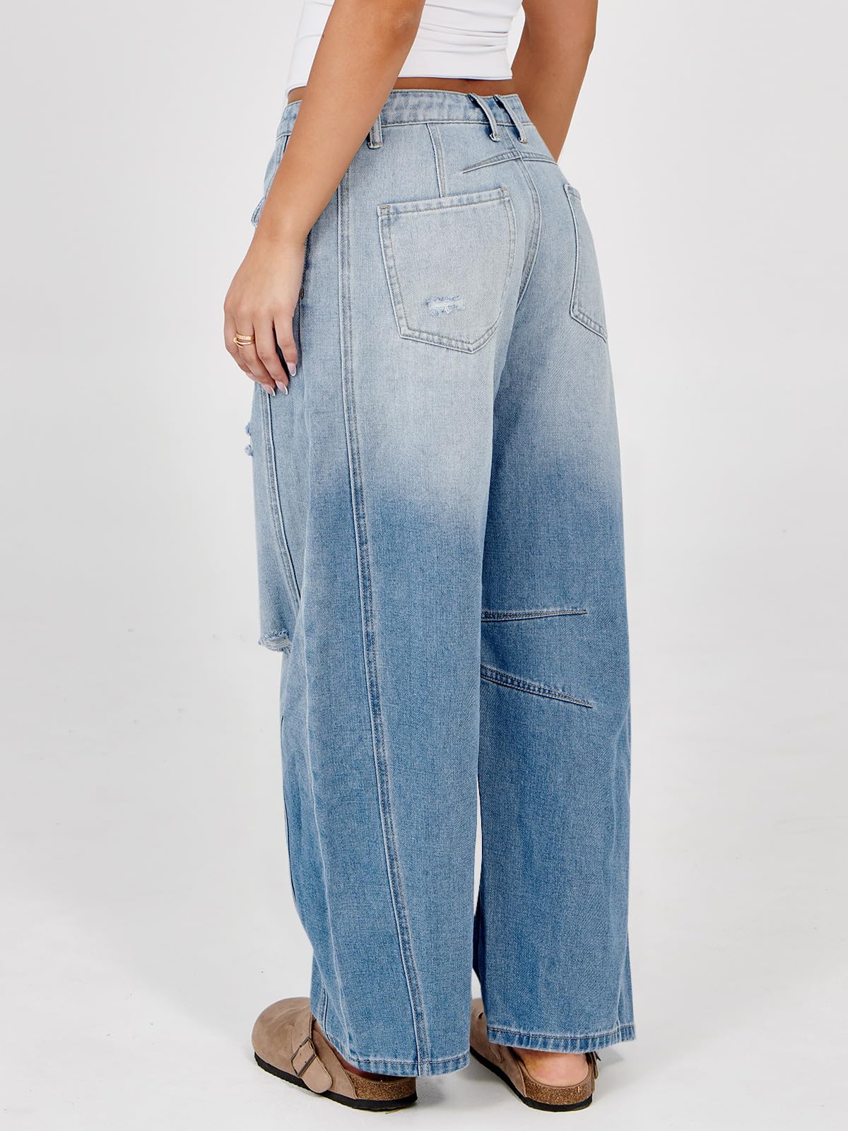 Women's Ripped Barrel Jeans Boyfriend Mid Rise Wide Leg Denim Pants