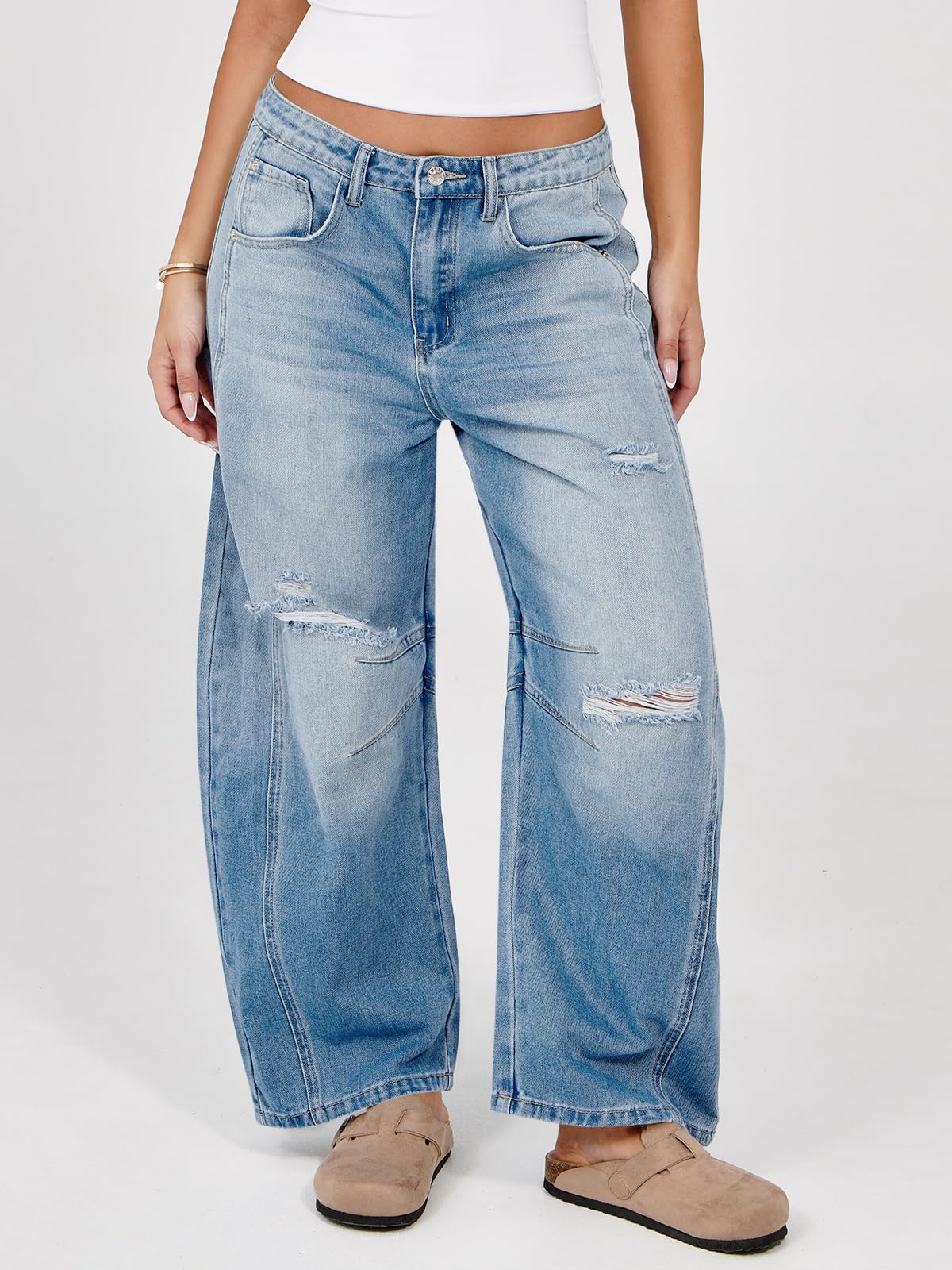 Women's Ripped Barrel Jeans Boyfriend Mid Rise Wide Leg Denim Pants
