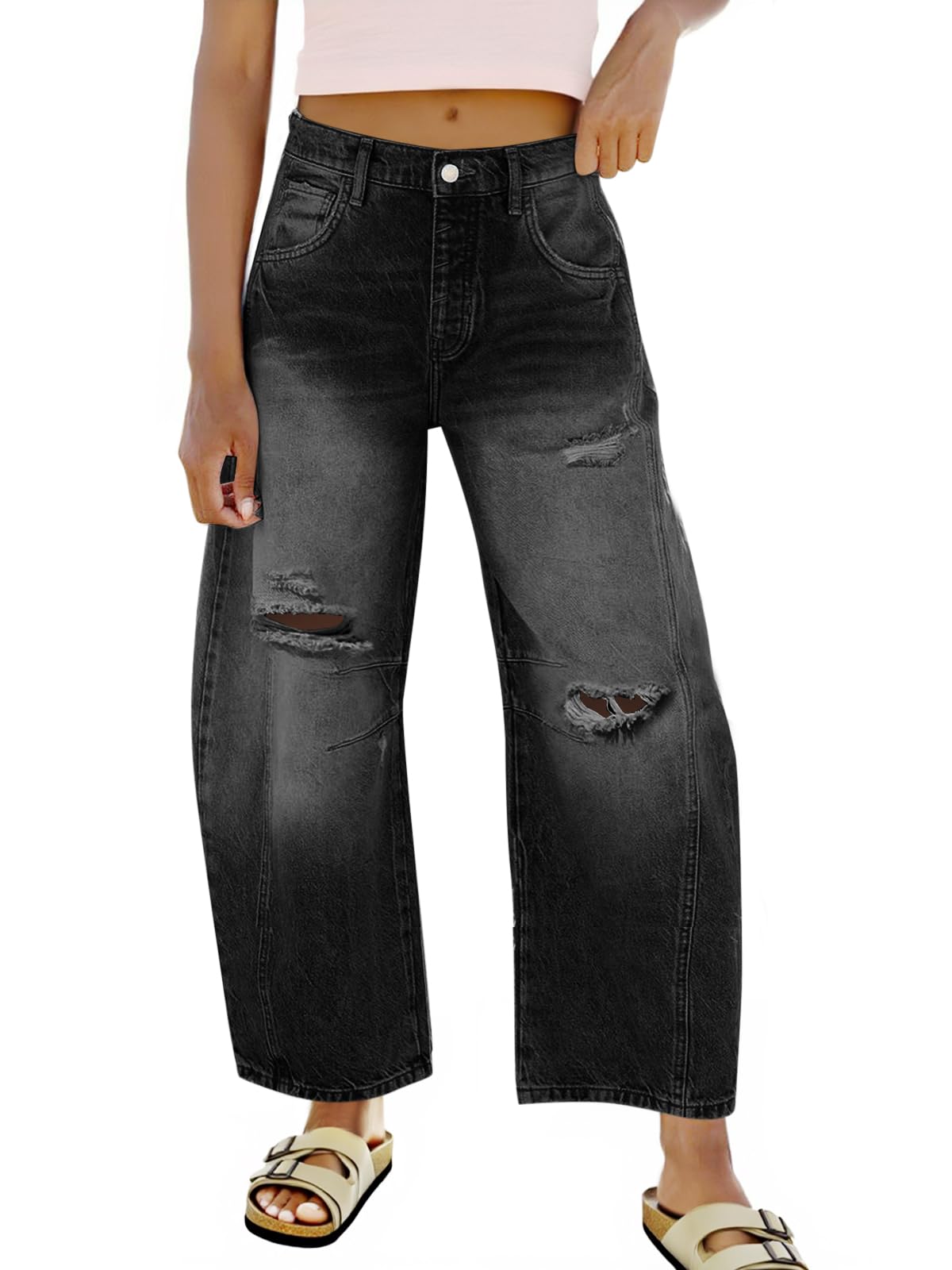 Women's Ripped Barrel Jeans Boyfriend Mid Rise Wide Leg Denim Pants