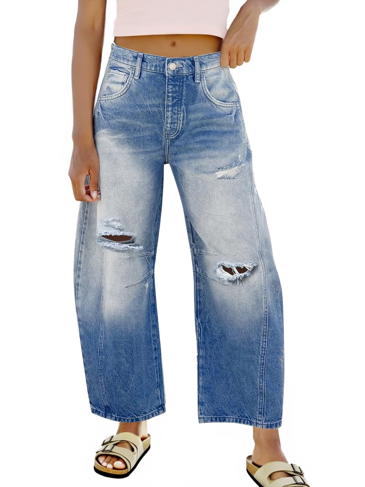 Women's Ripped Barrel Jeans Boyfriend Mid Rise Wide Leg Denim Pants