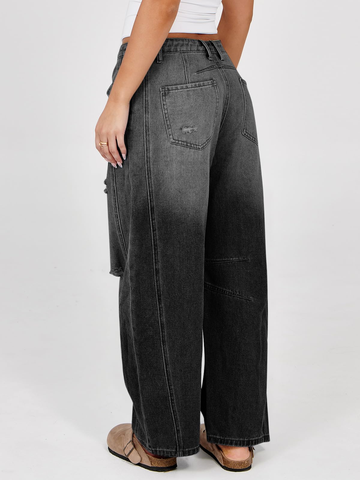 Women's Ripped Barrel Jeans Boyfriend Mid Rise Wide Leg Denim Pants