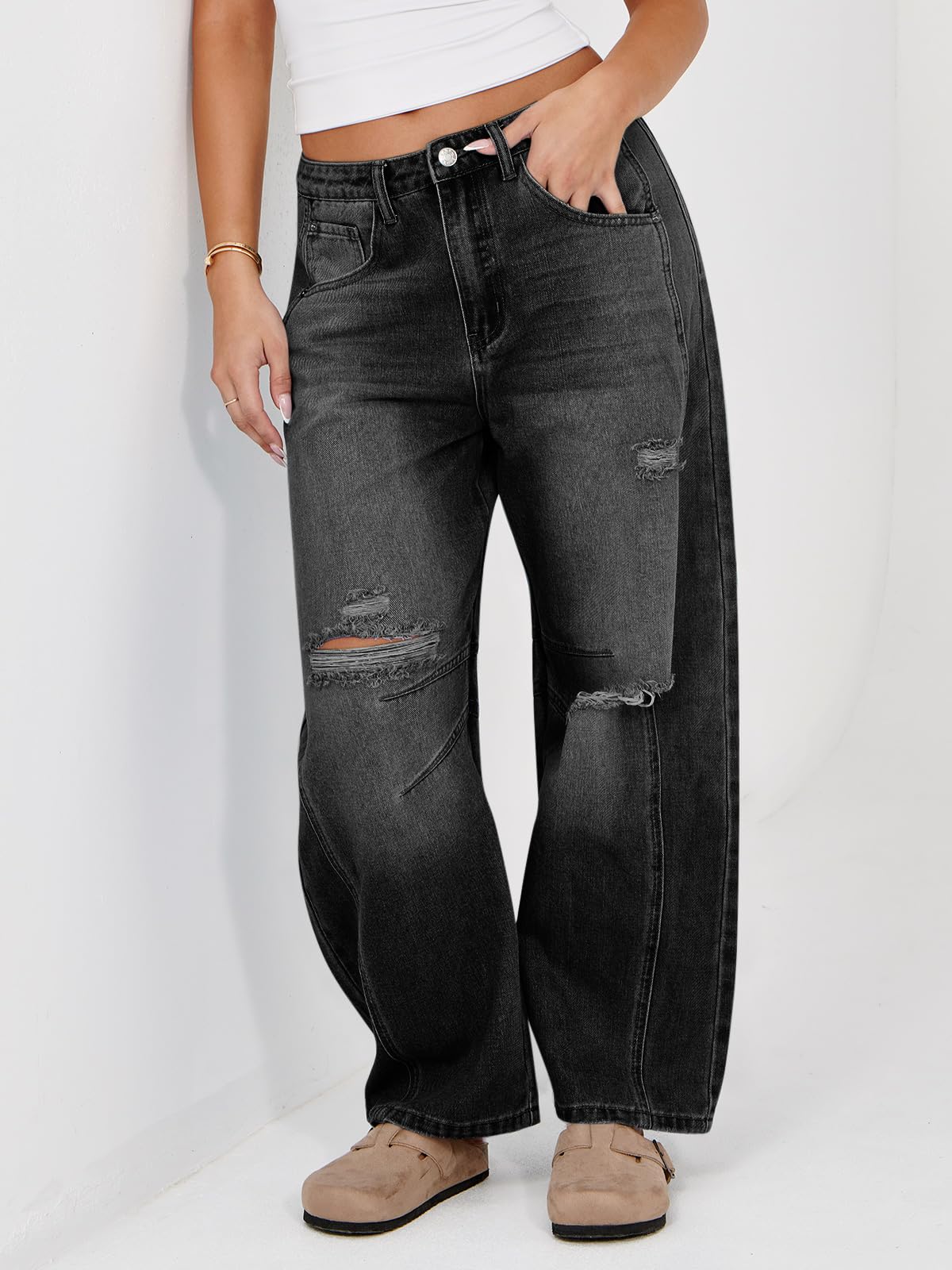 Women's Ripped Barrel Jeans Boyfriend Mid Rise Wide Leg Denim Pants