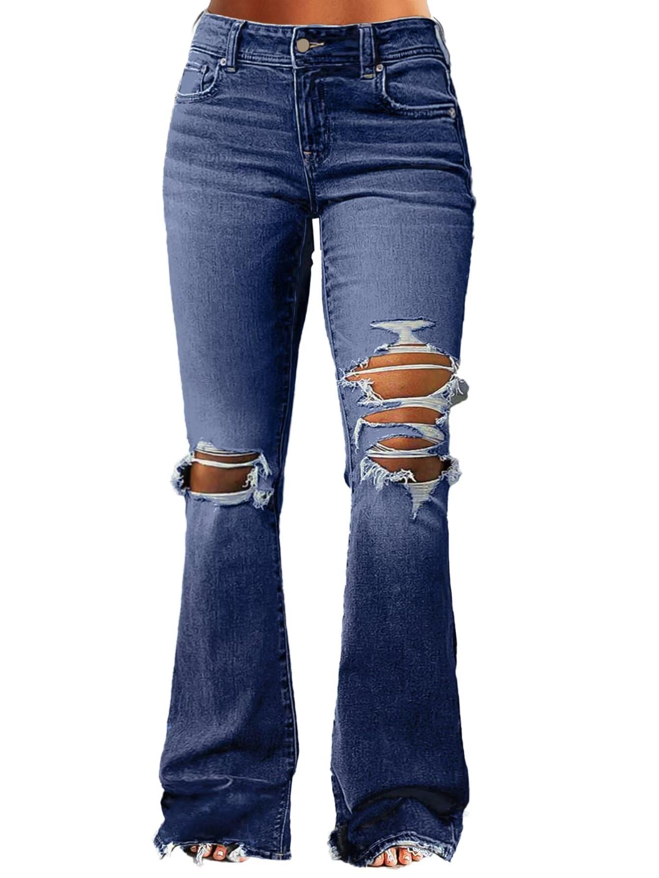 Women's Ripped Bell Bottom Jeans Bootcut Denim Flare Jeans Pants