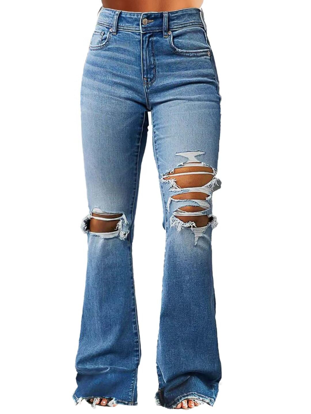 Women's Ripped Bell Bottom Jeans Bootcut Denim Flare Jeans Pants