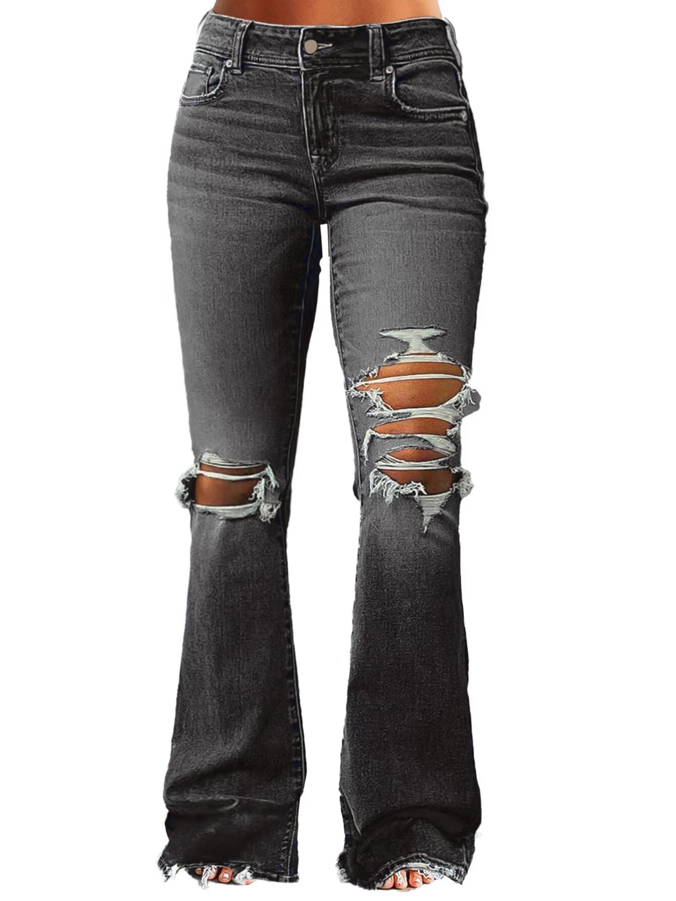 Women's Ripped Bell Bottom Jeans Bootcut Denim Flare Jeans Pants