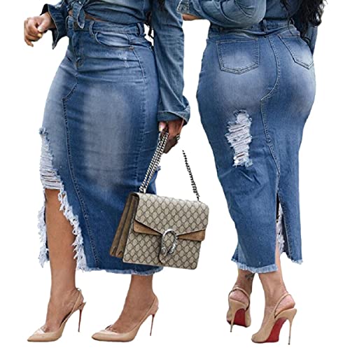 Women Slit Denim Jean Skirt High Waist Frayed Button Up Long Skirt