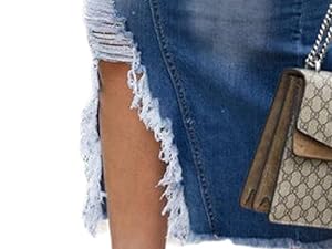 Women Slit Denim Jean Skirt High Waist Frayed Button Up Long Skirt