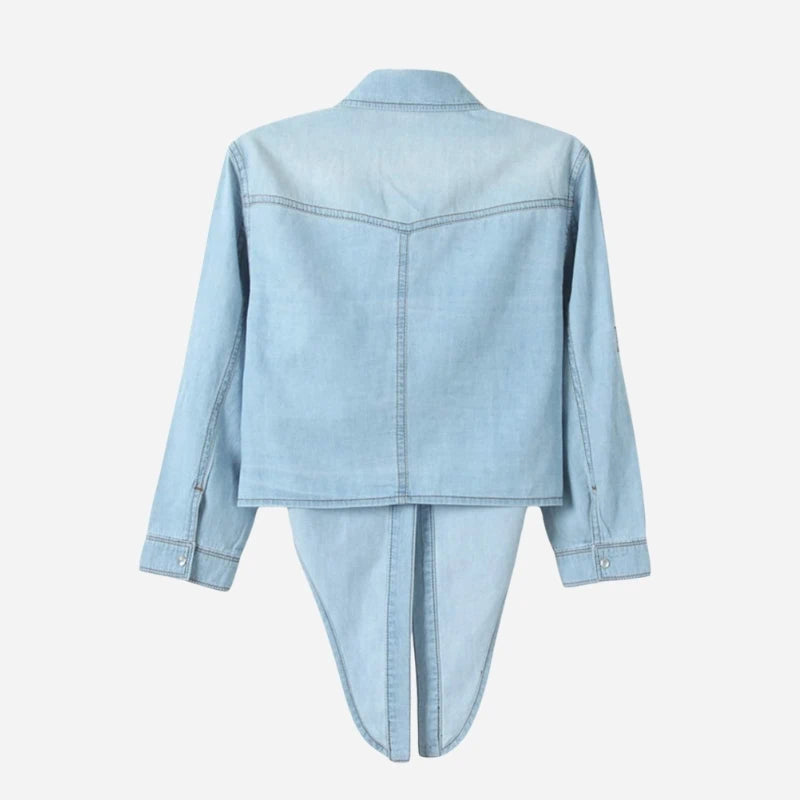 women's denim shirt long sleeve roll tab jean top in light blue, back view