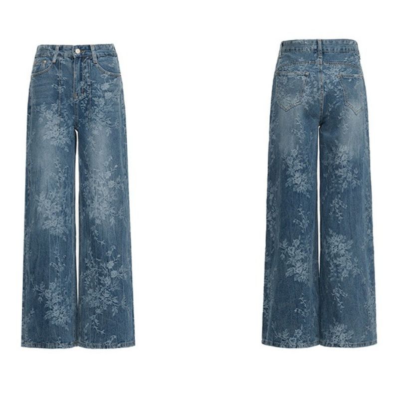Women’s Floral Print High Waisted Wide Leg Jeans Straight Palazzo Denim Pants with front and back views