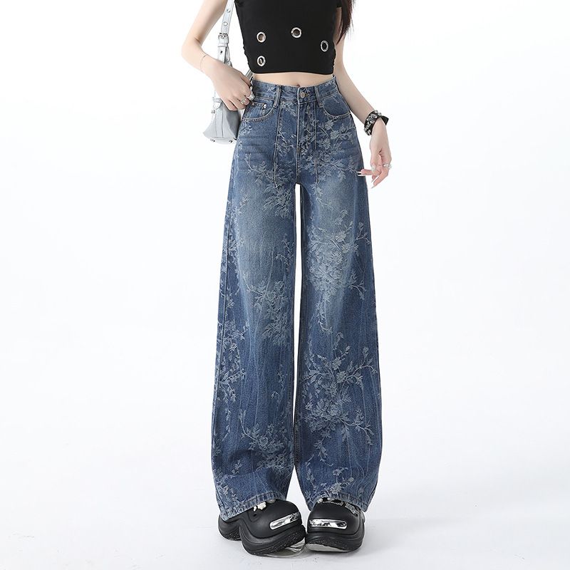 Women’s Vintage Floral Print High Waisted Wide Leg Jeans Straight Denim Pants
