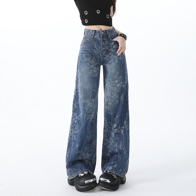 Women’s Vintage Floral Print High Waisted Wide Leg Jeans Straight Denim Pants