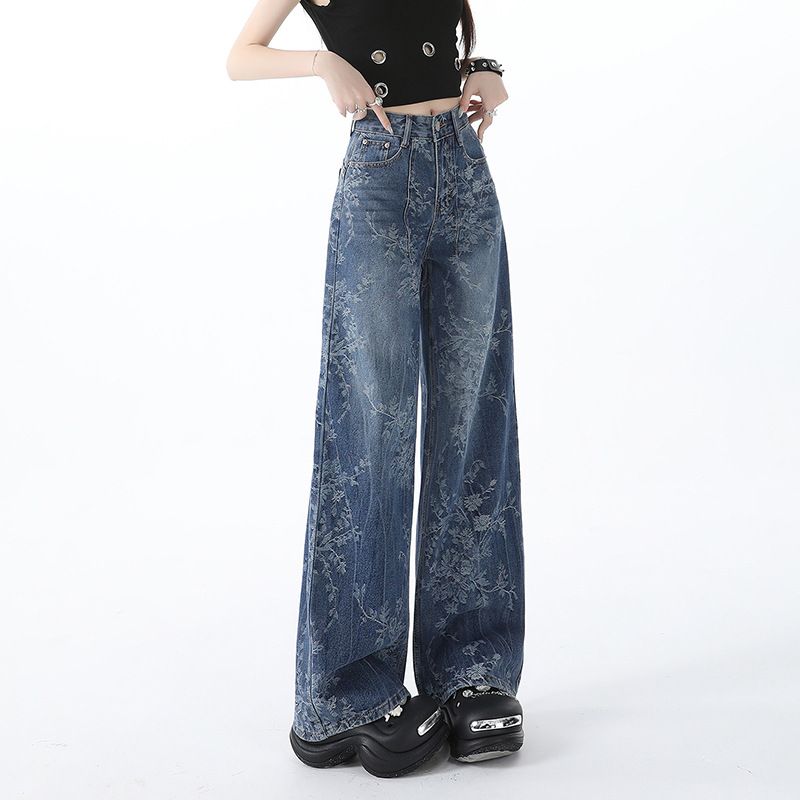 Women’s Vintage Floral Print High Waisted Wide Leg Jeans Straight Denim Pants