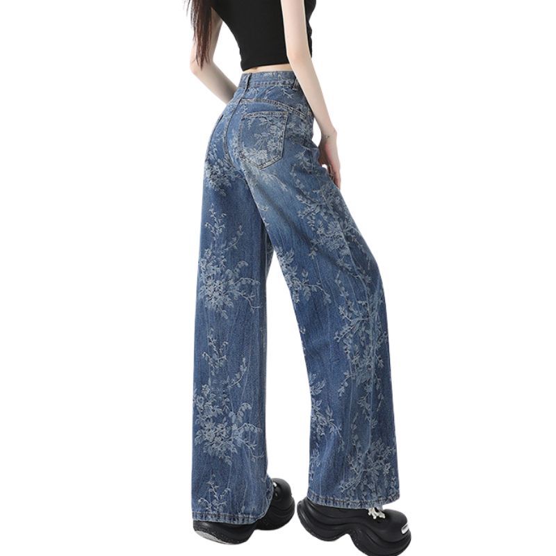 Women’s Vintage Floral Print High Waisted Wide Leg Jeans Straight Denim Pants