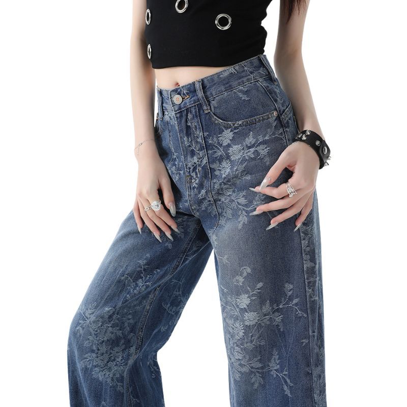Women’s Vintage Floral Print High Waisted Wide Leg Jeans Straight Denim Pants