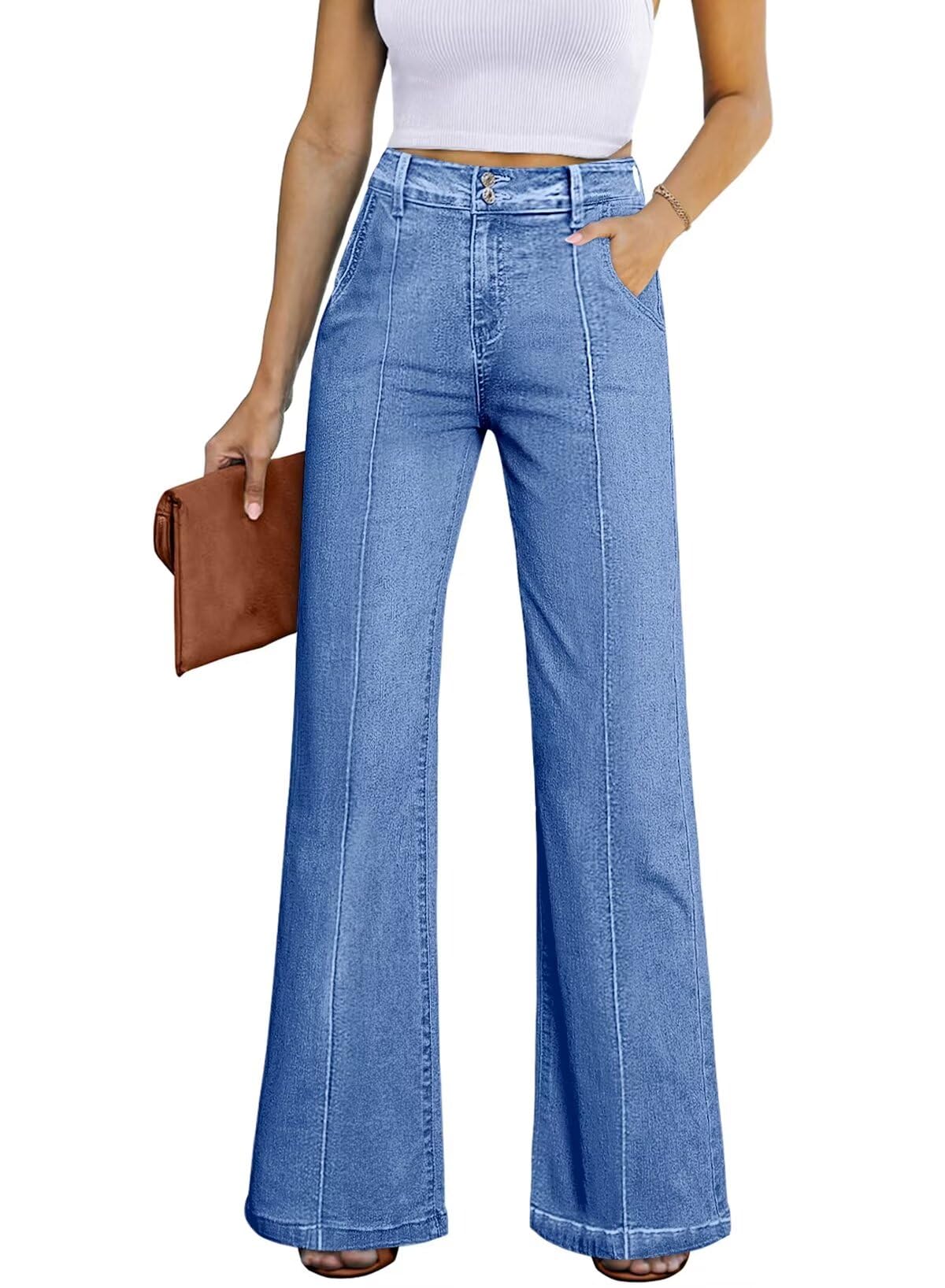 Women's Wide Leg Flare Jeans Baggy High Waisted Stretch Denim Pants