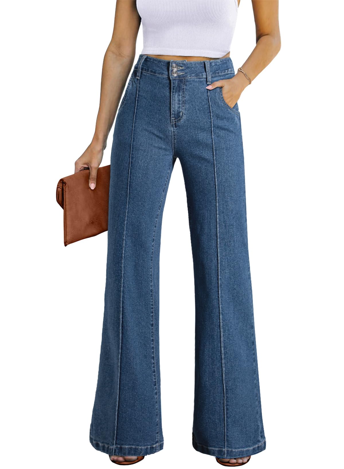 Women's Wide Leg Flare Jeans Baggy High Waisted Stretch Denim Pants