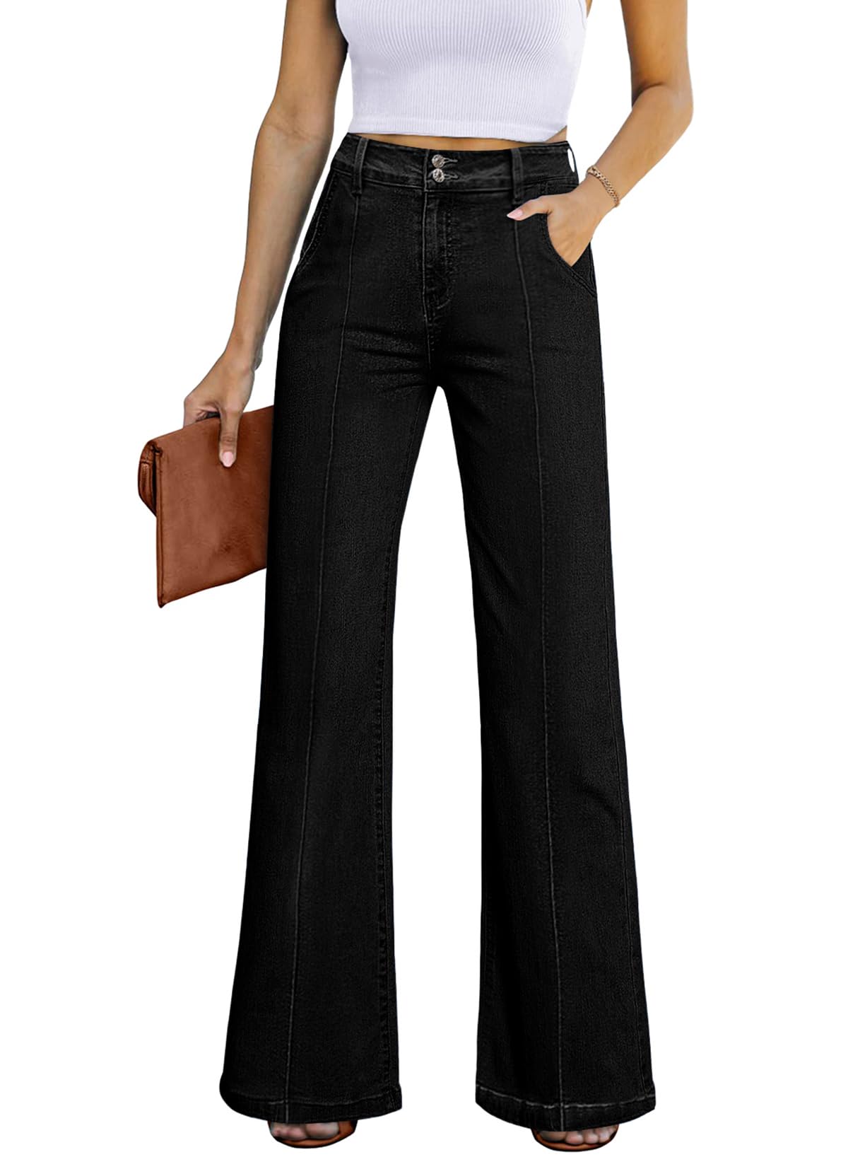 Women's Wide Leg Flare Jeans Baggy High Waisted Stretch Denim Pants
