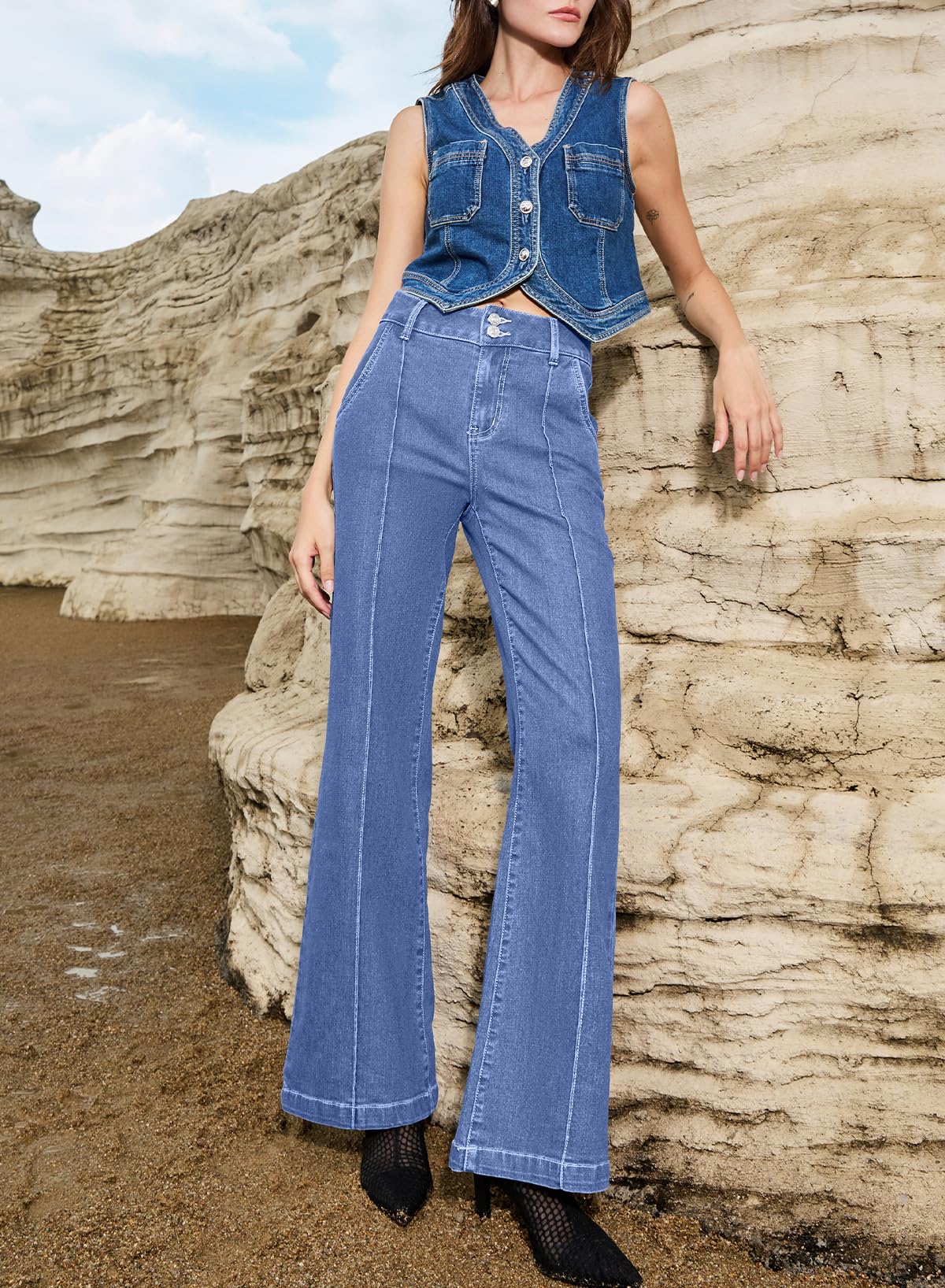 Women's Wide Leg Flare Jeans Baggy High Waisted Stretch Denim Pants