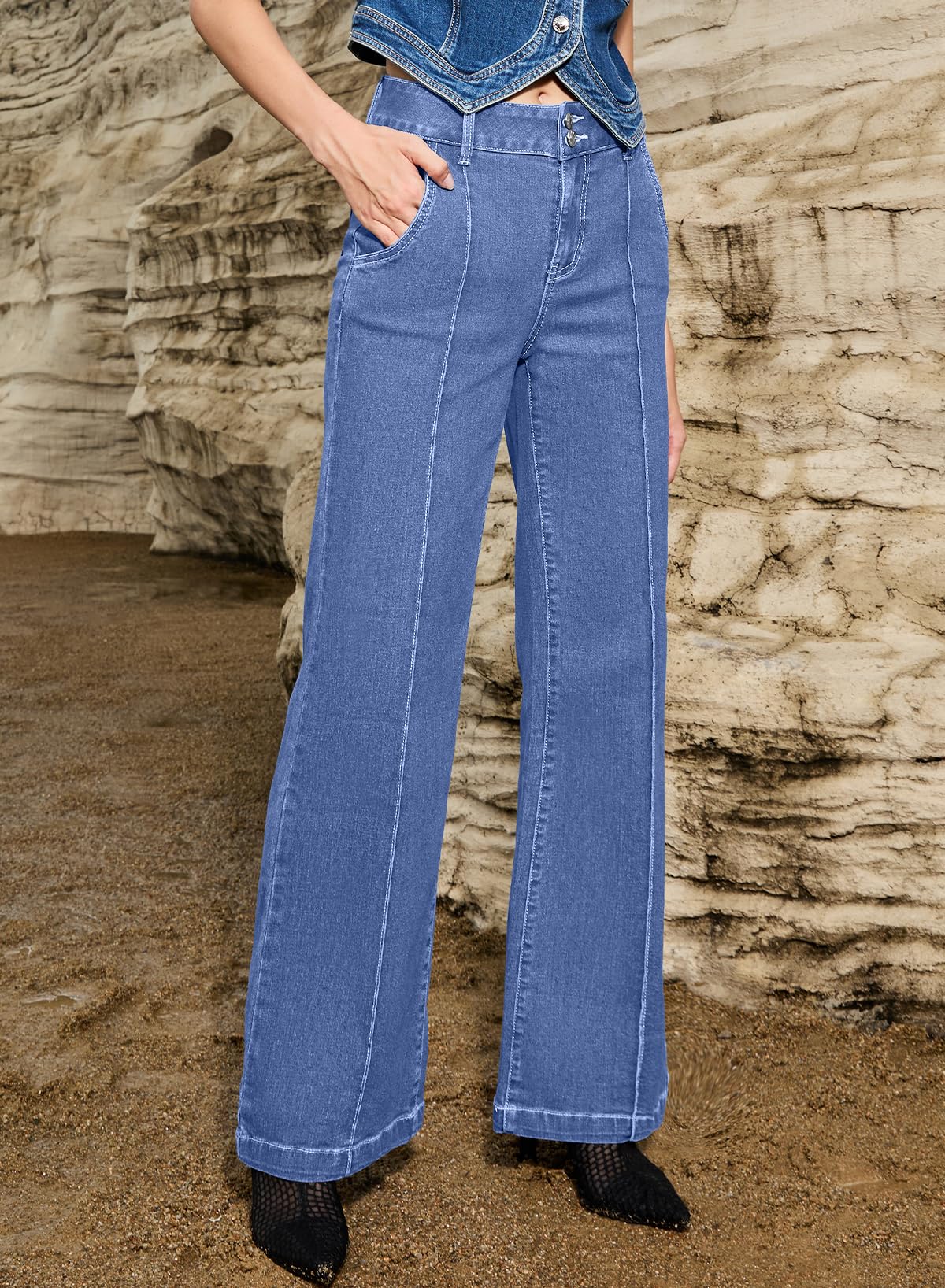 Women's Wide Leg Flare Jeans Baggy High Waisted Stretch Denim Pants