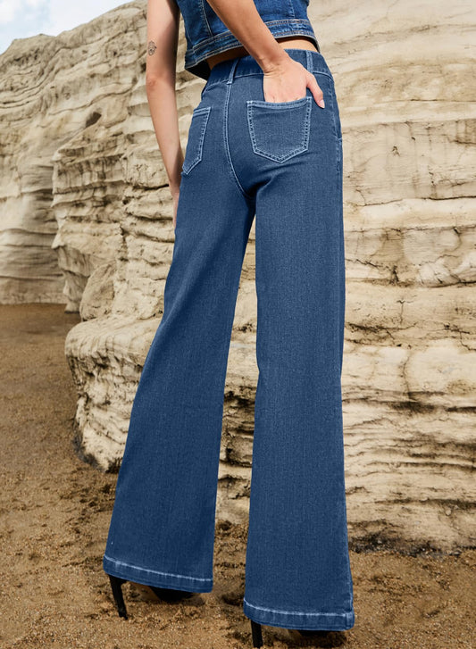 Women's Wide Leg Flare Jeans Baggy High Waisted Stretch Denim Pants