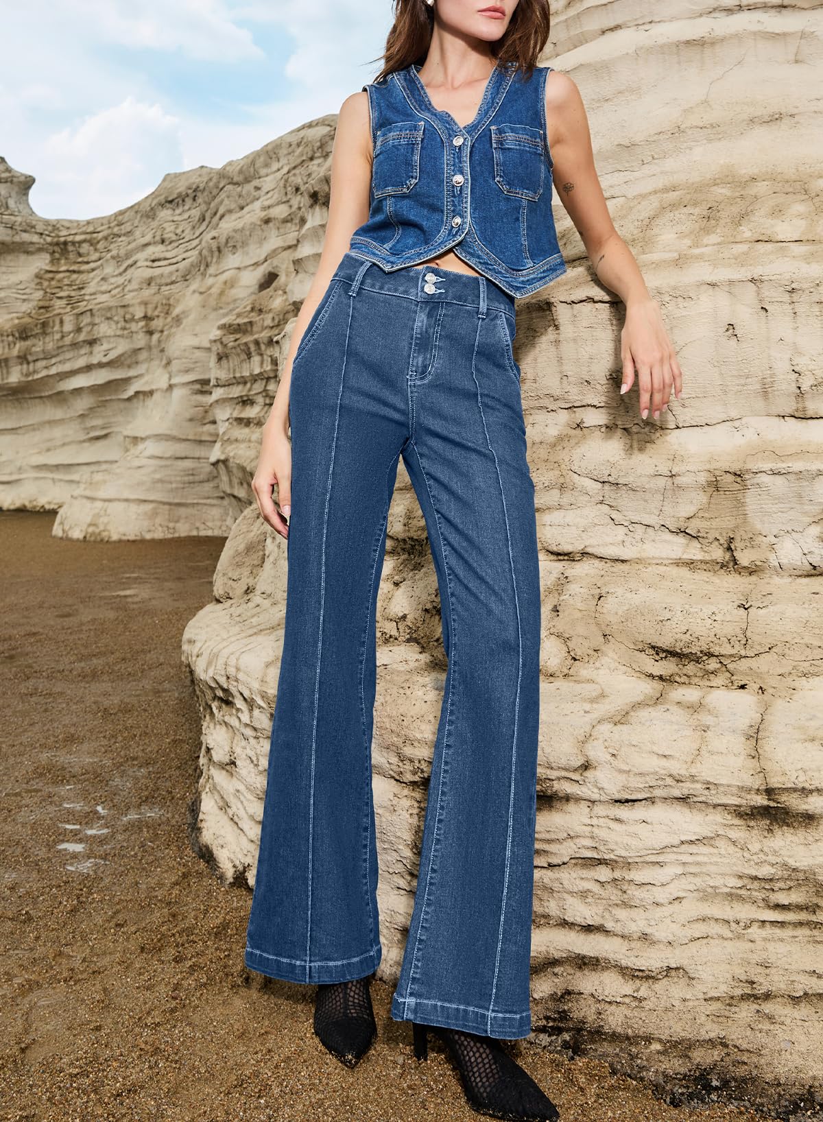 Women's Wide Leg Flare Jeans Baggy High Waisted Stretch Denim Pants