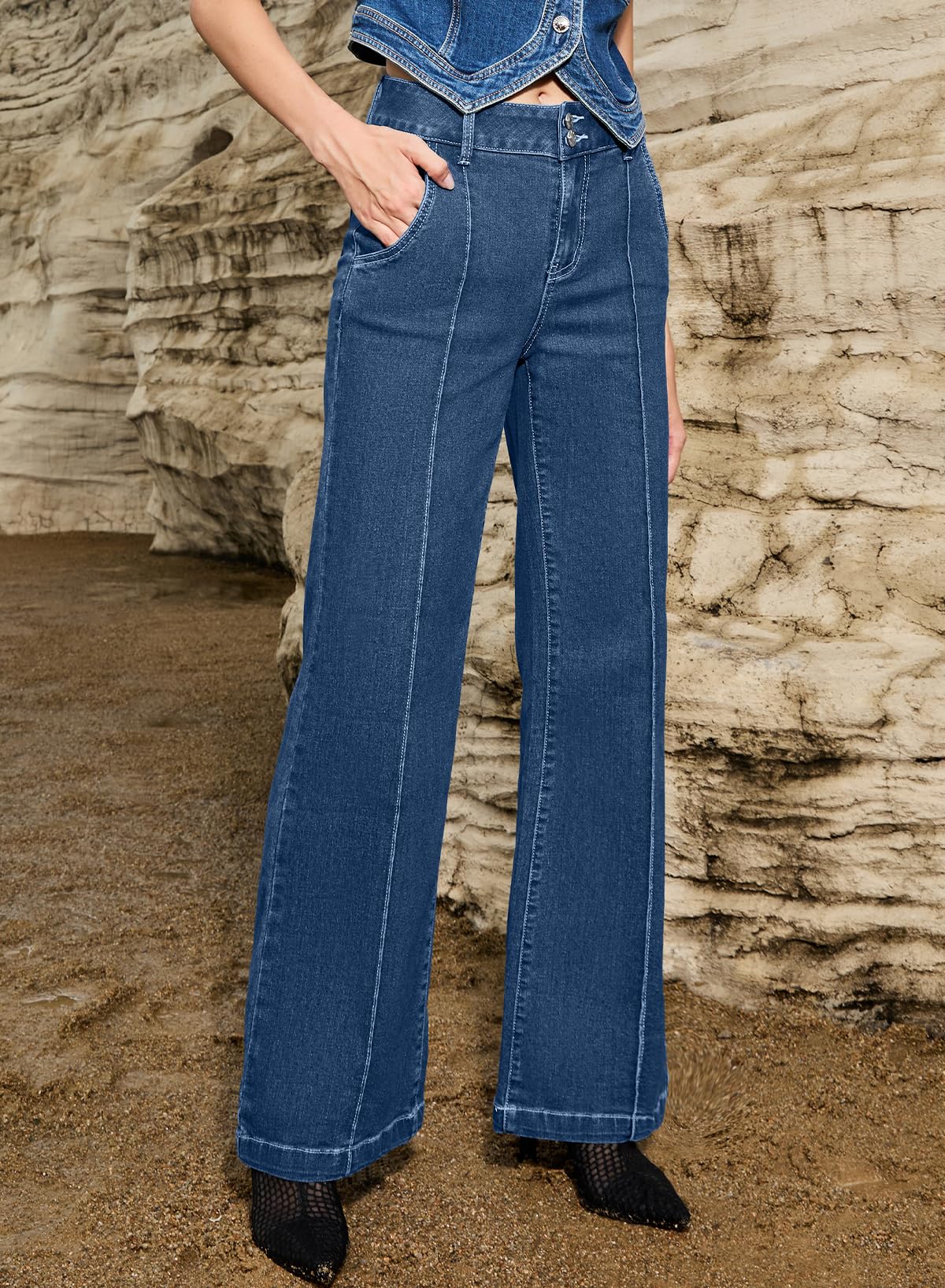 Women's Wide Leg Flare Jeans Baggy High Waisted Stretch Denim Pants