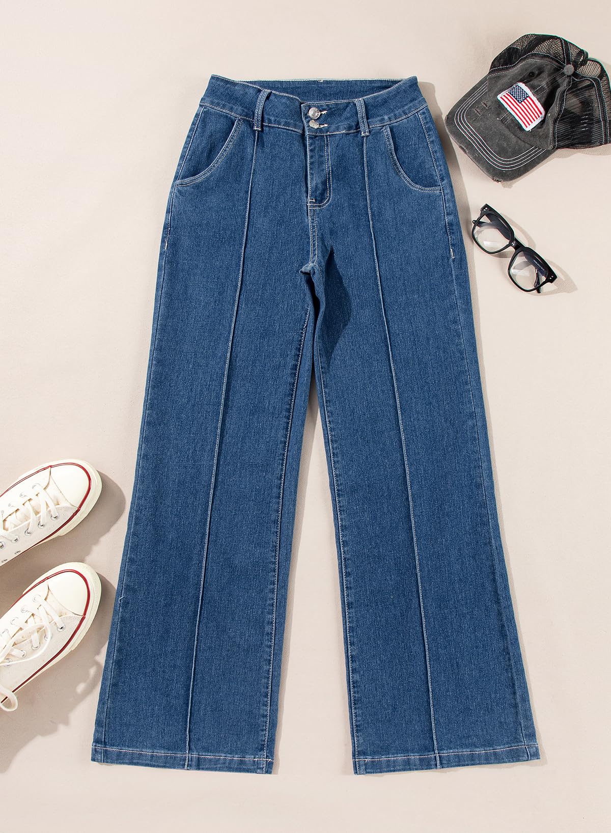 Women's Wide Leg Flare Jeans Baggy High Waisted Stretch Denim Pants