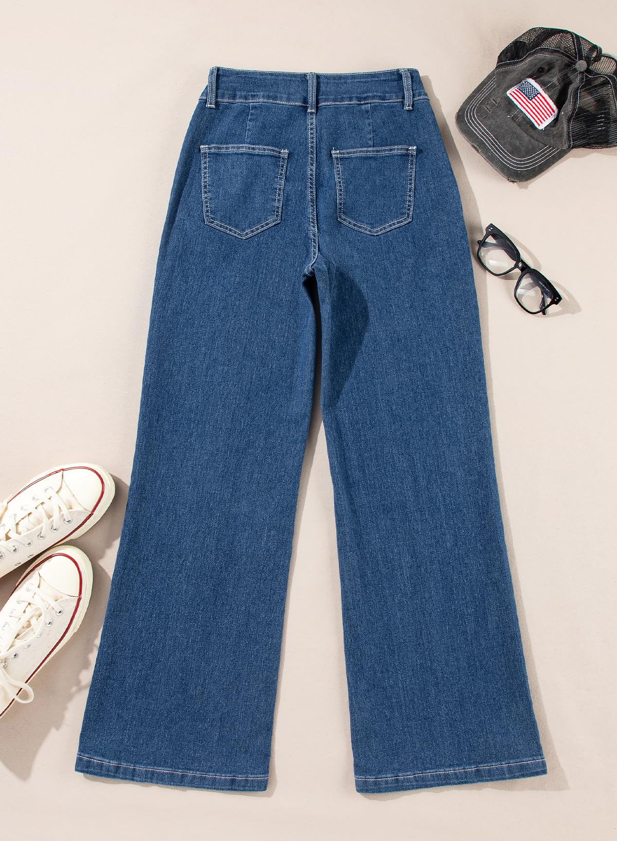 Women's Wide Leg Flare Jeans Baggy High Waisted Stretch Denim Pants