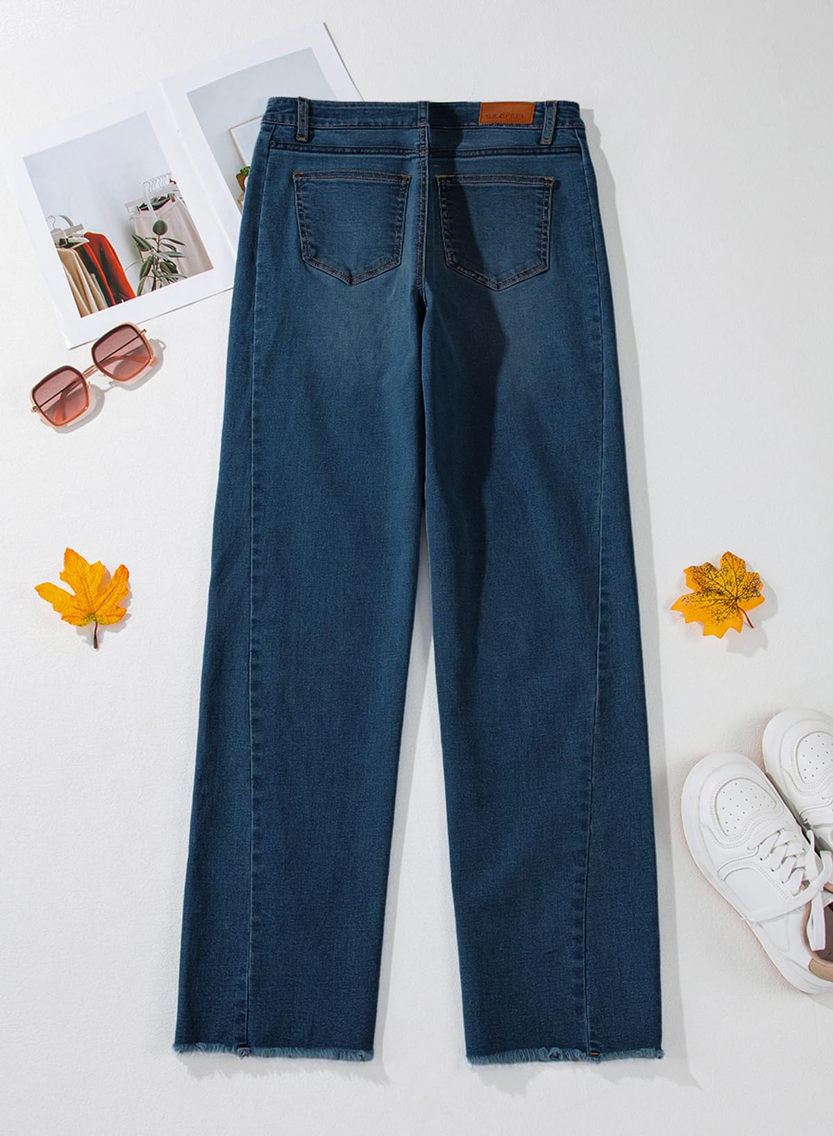 Women's Wide Leg Jeans High Waisted Strech Raw Hem Denim Pants