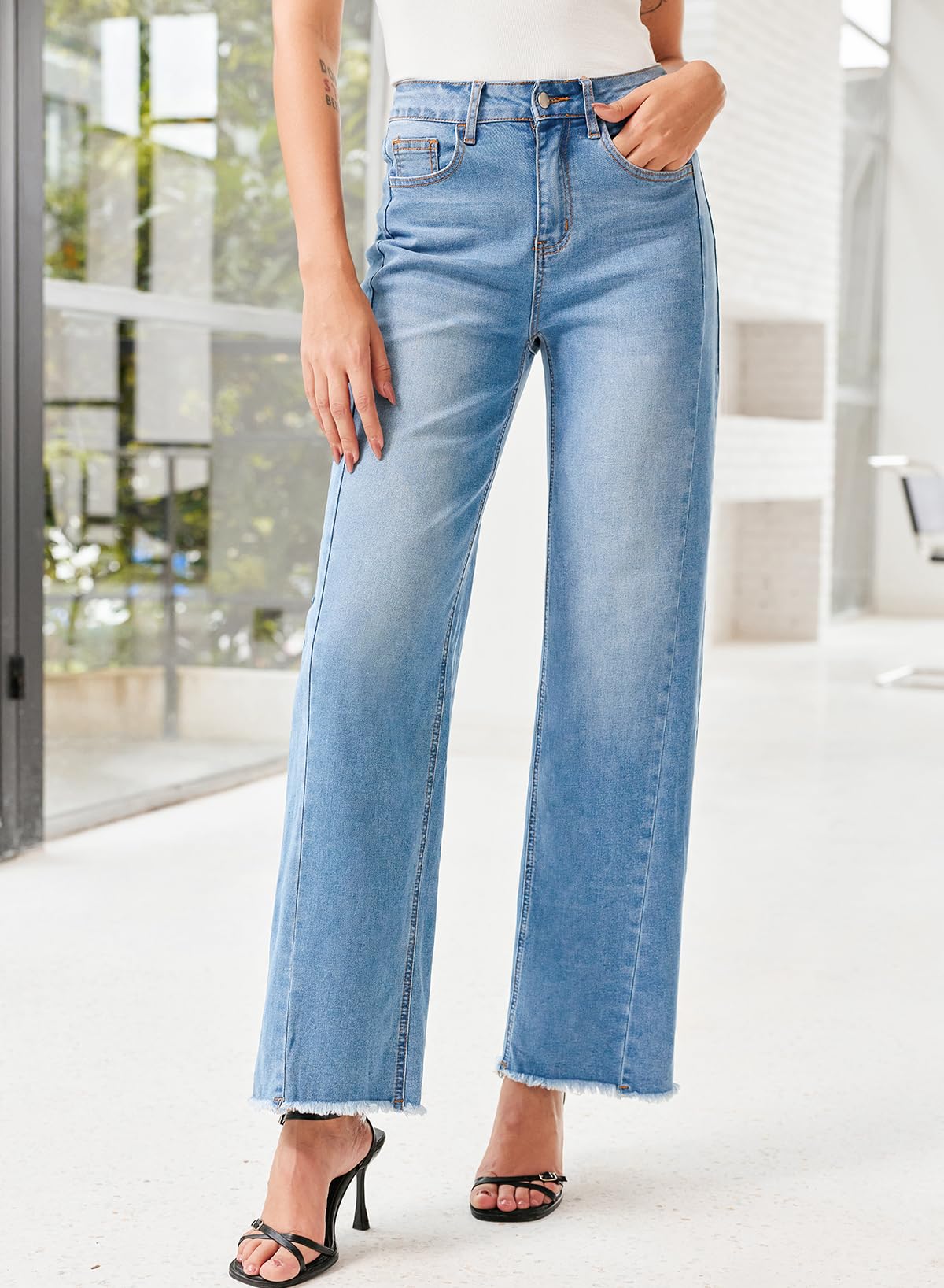 Women's Wide Leg Jeans High Waisted Strech Raw Hem Denim Pants