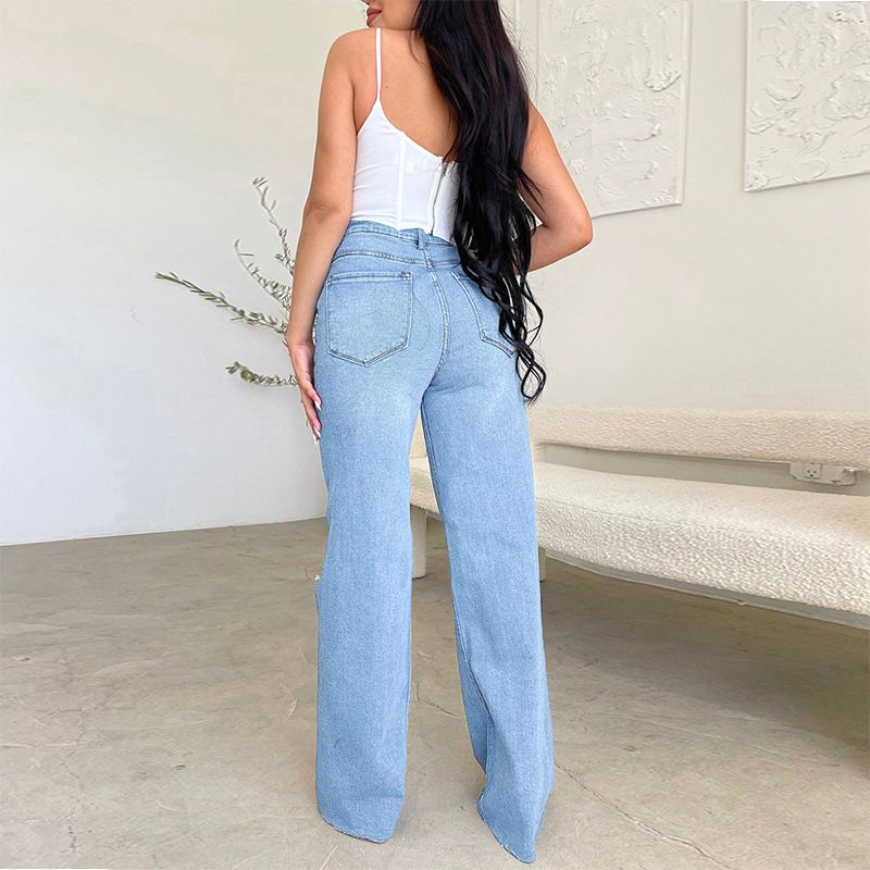 Women's Baggy Jeans Loose Ripped Denim Pants Distressed Wide Leg Palazzo Jeans Blue Color with back view