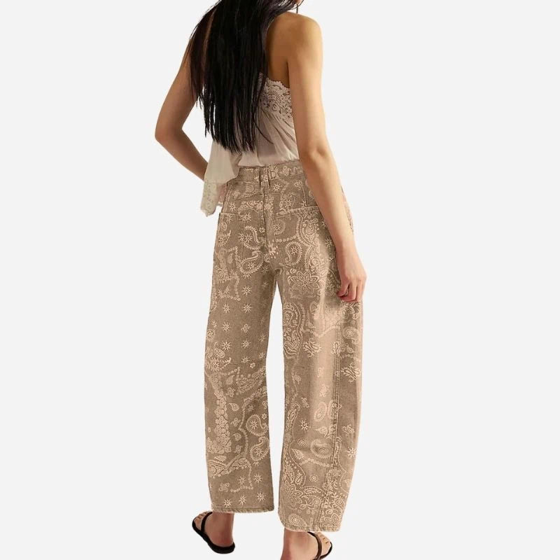 women‘s floral print barrel jeans wide leg cropped denim pants in khaki, back view