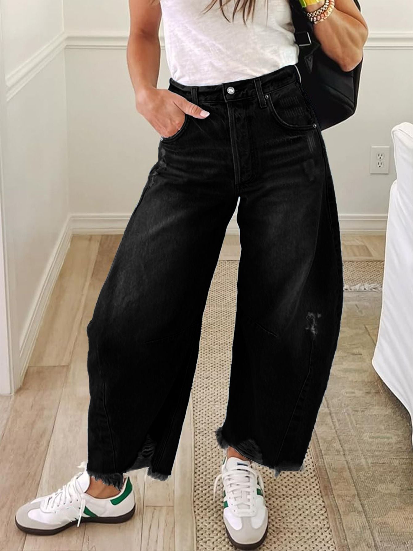 Women's High Waisted Barrel Baggy Jeans Stretch Denim Pants Trousers