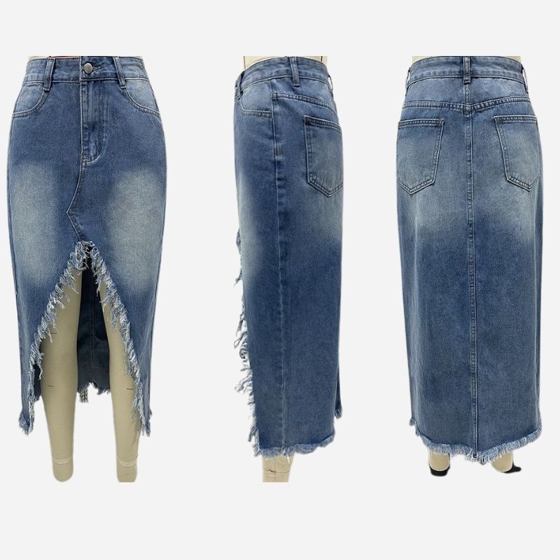 Women’s high waisted slit denim midi skirt frayed a-line jean skirt, front and back views