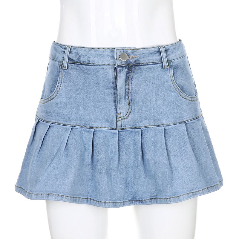 Women's Jeans Skirt Slim A-line Pleated Ruffle Short Mini Denim Skirts