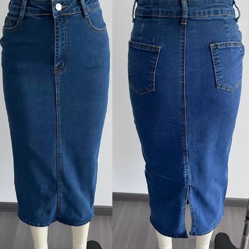 Women's long denim pencil skirt bodycon a-line jean skirt with back slit, front and back views