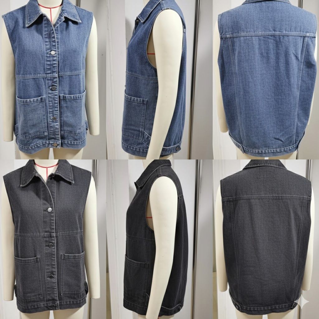 Women's Longline Sleeveless Denim Vest Relaxed Utility Casual Fit, front and back views