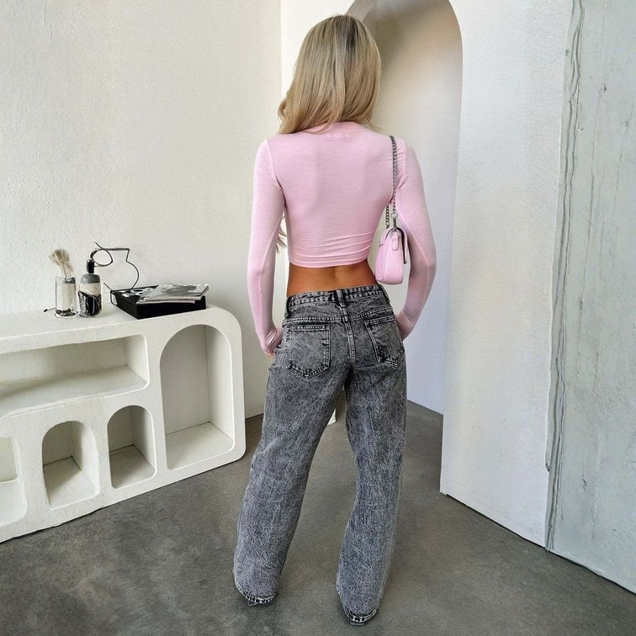 Women's low rise jeans trousers straight leg loose fit casual denim pants in black, back view