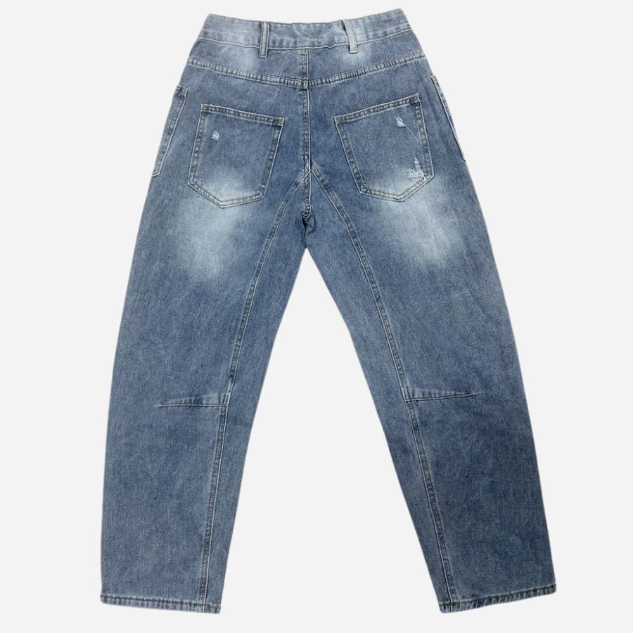 Women’s low rise ripped barrel jeans cropped straight leg baggy denim, back view