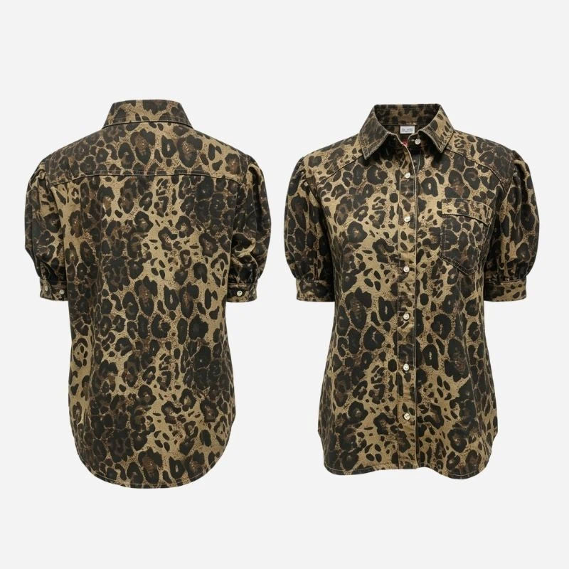 Women's Puff Sleeve Denim Shirt Jean Blouse in Leopard, front and back views
