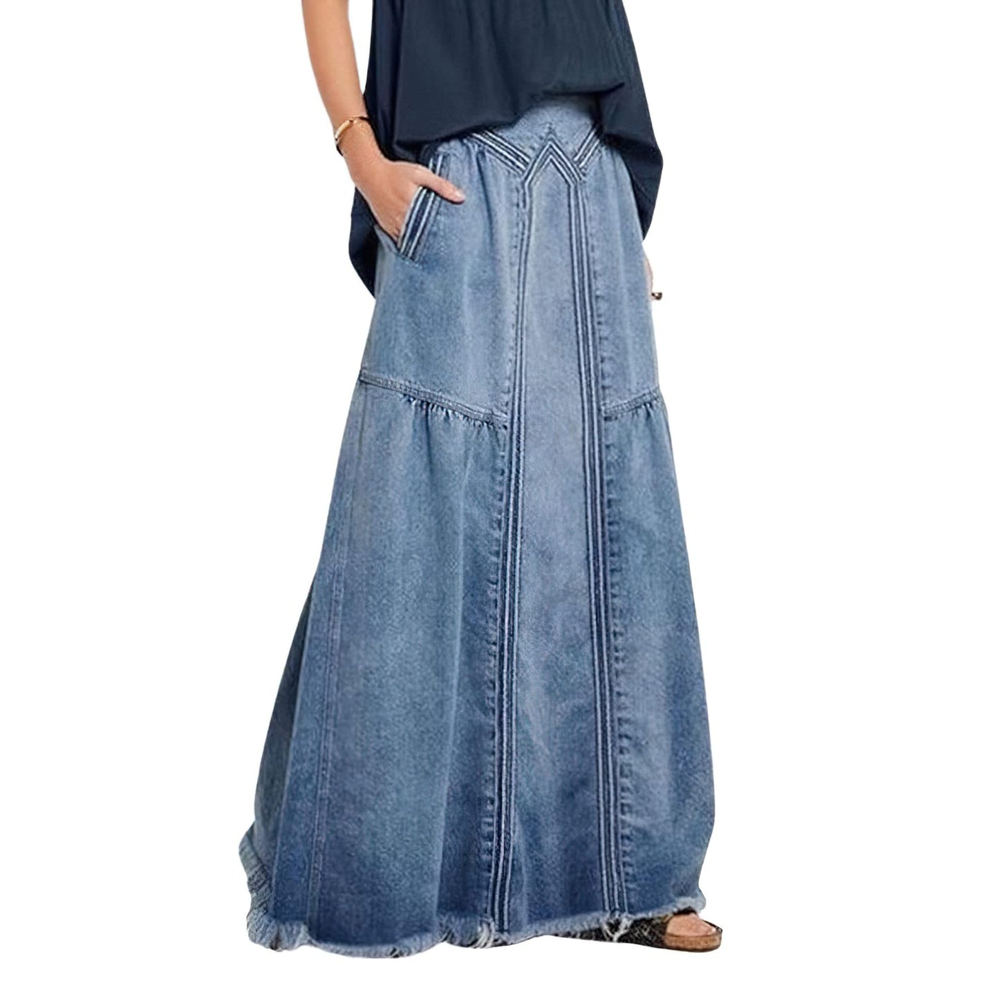 Women's Retro Jeans Skirt Elastic High Waist Frayed A-Line Maxi Denim Skirt