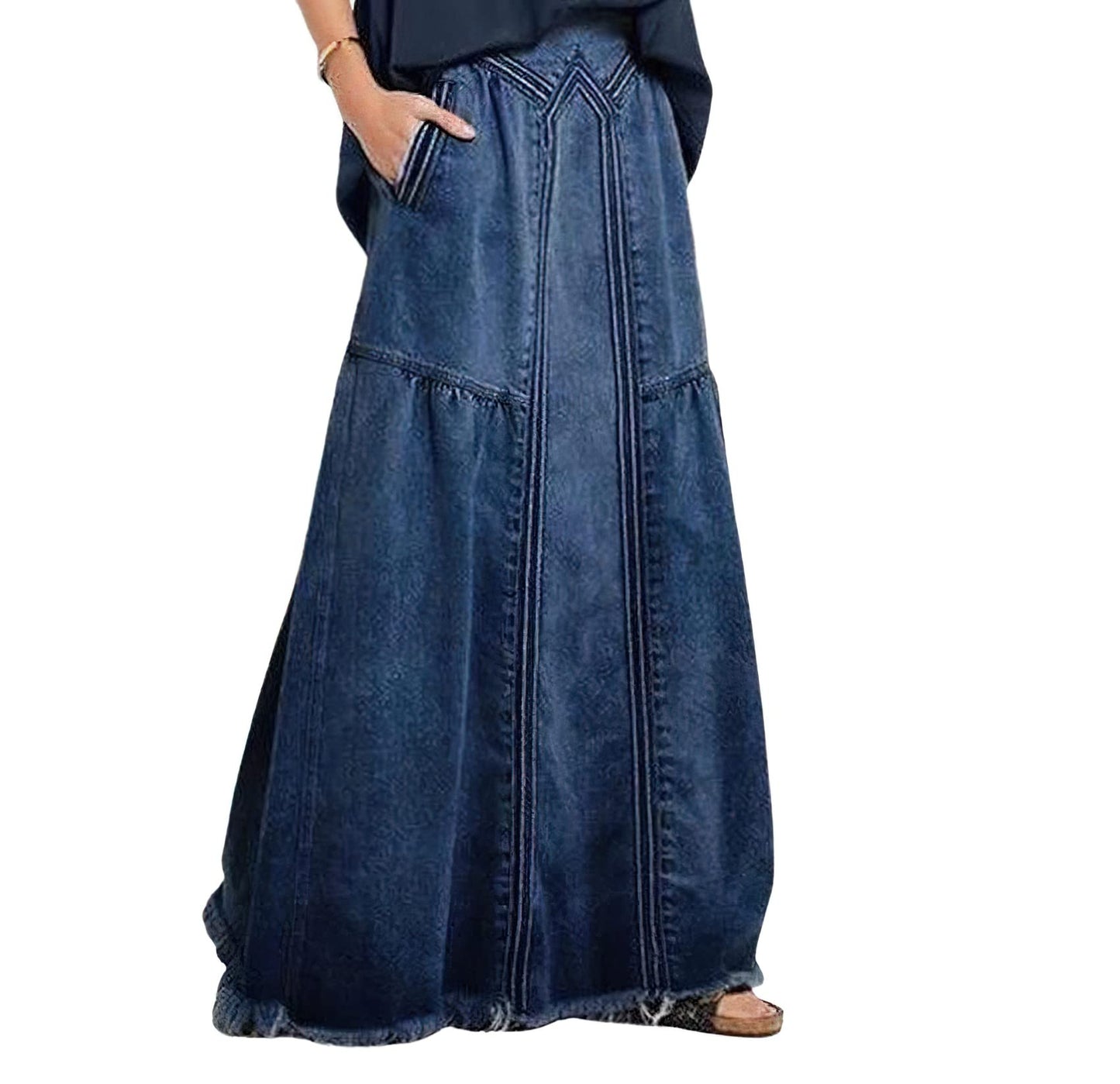 Women's Retro Jeans Skirt Elastic High Waist Frayed A-Line Maxi Denim Skirt