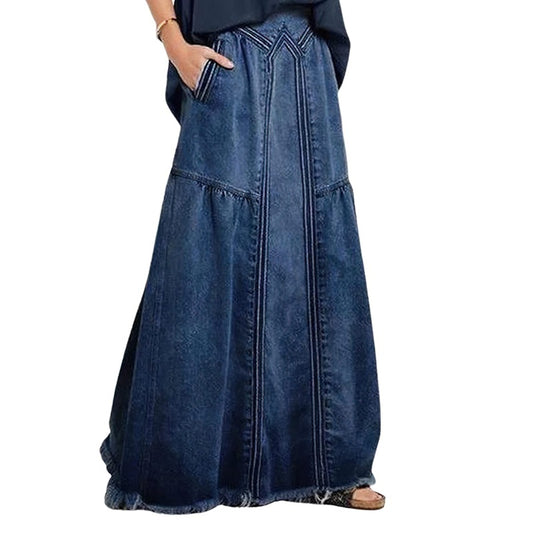 Women’s retro a-line maxi denim skirt – elastic high waist jean skirt in navy, front view