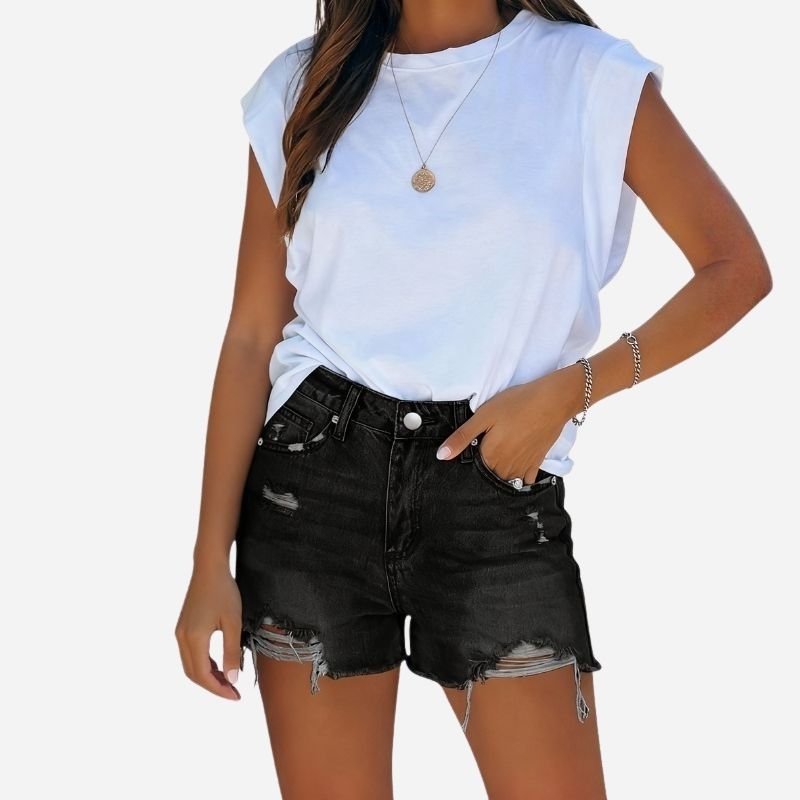 Women's ripped denim jeans shorts in black