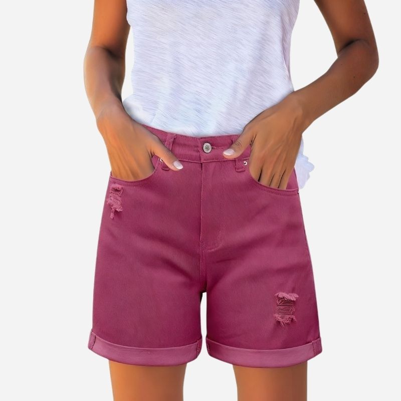 Women's Ripped Denim Shorts in purple, front view