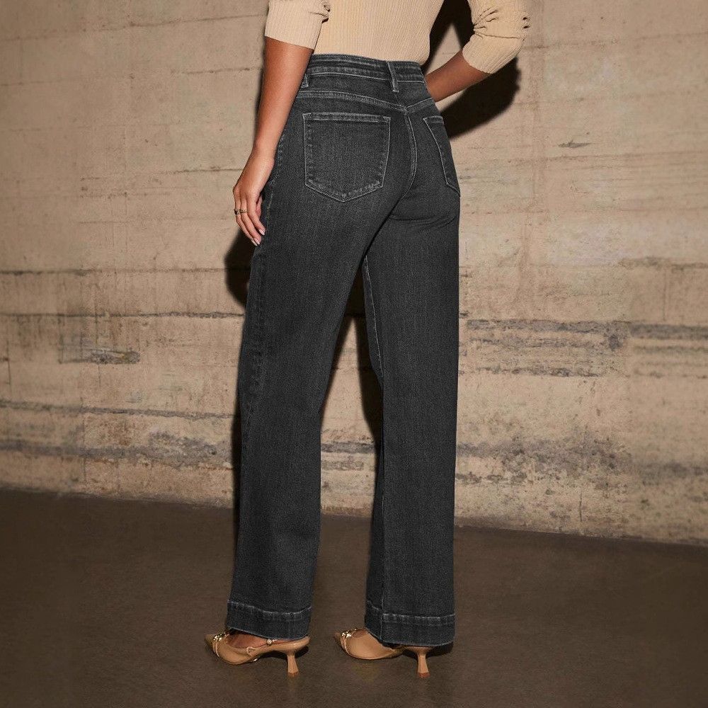 Women's Straight Leg Denim High Waist Baggy Palazzo Jeans with Front Pockets black color with back view