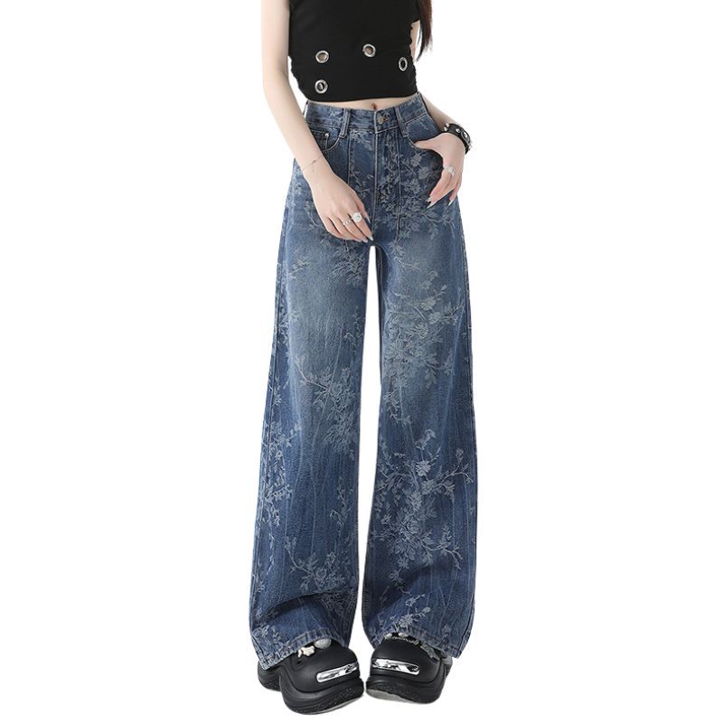 Women’s Vintage Floral Print High Waisted Wide Leg Jeans Straight Denim Pants